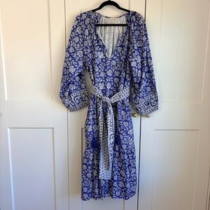 Pomegranate Blue Floral Midi Dress with Belt | S